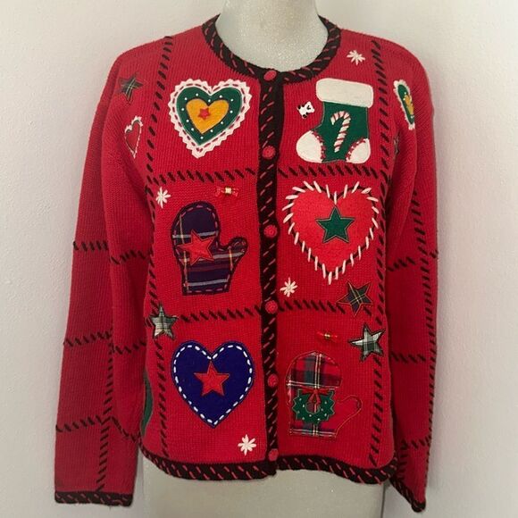 Red green holiday Christmas cardigan sweater charms Large L patches - Picture 1 of 7